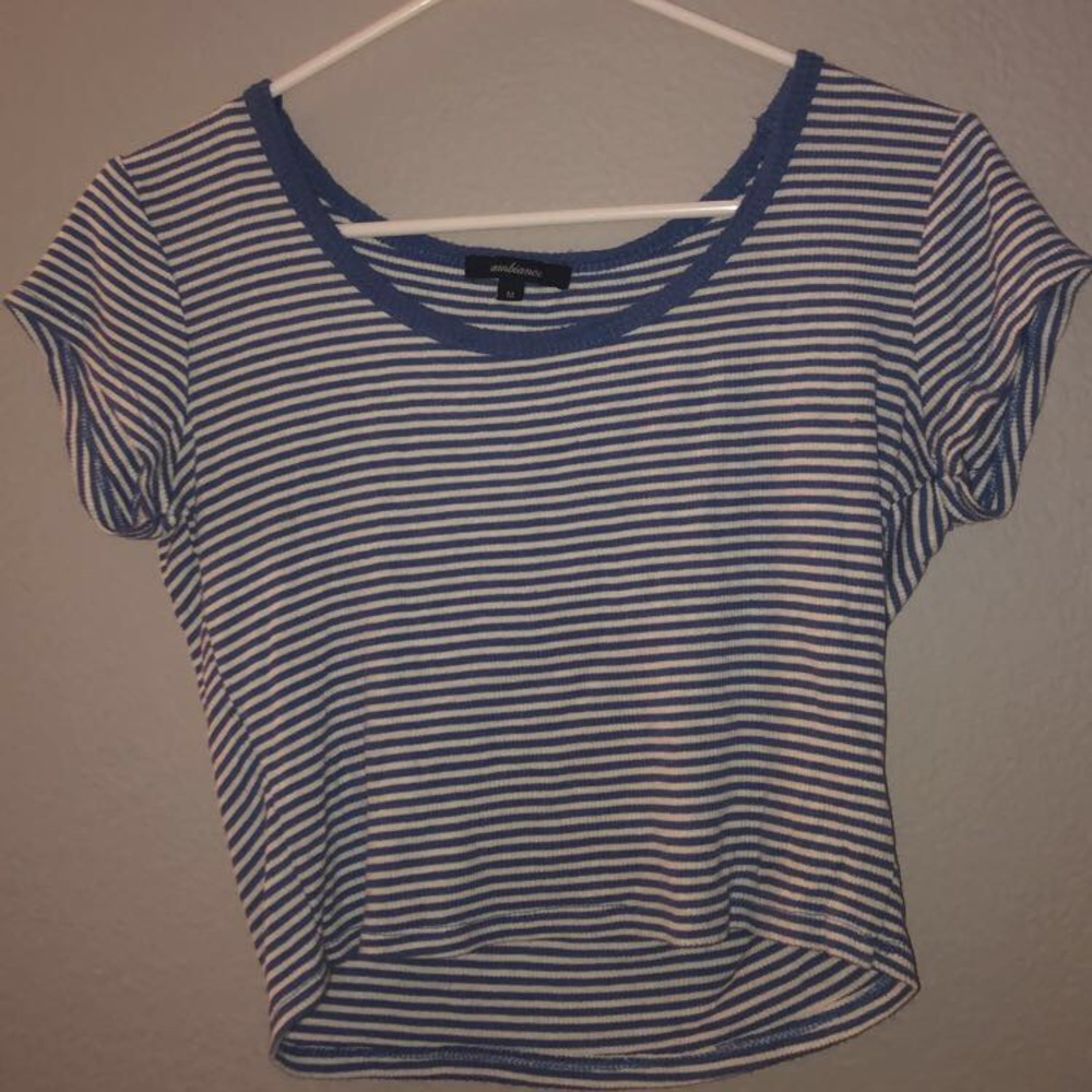 Cropped blue and white striped shirt.